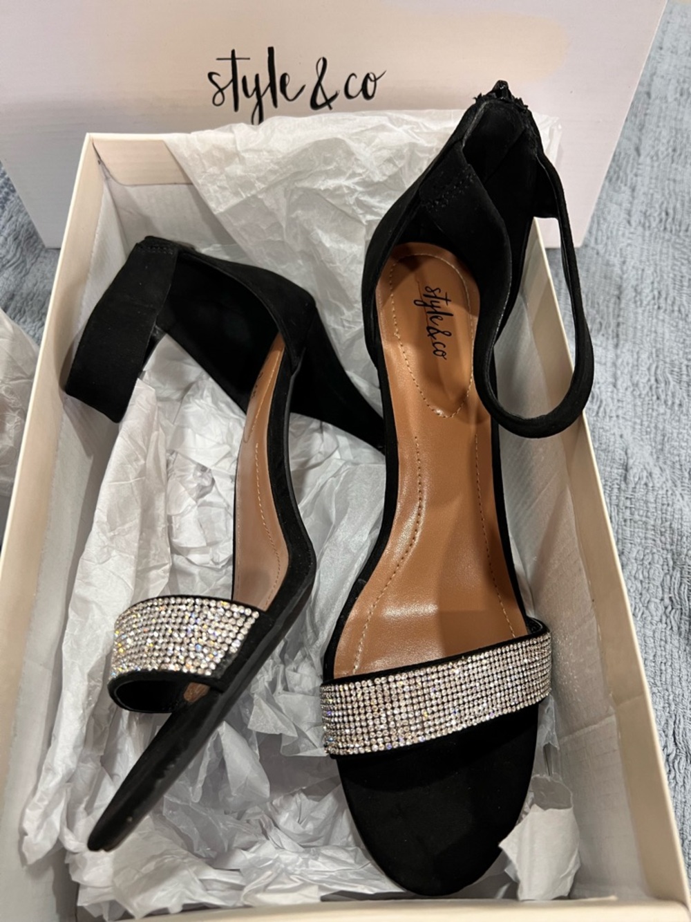 Style & Co. Black Ankle-Strap Heels with Rhinestone Front Strap